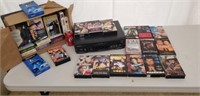 Quasar VCR and Box of VHS Movies