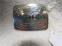 NAVAJO STERLING SILVER TURQUOISE AND CORAL INLAID