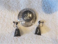 STERLING SILVER SIAM BROOCH 1 7/8 AND BELL
