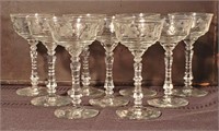 Gorgeous Set of 8+1 Etched antique Wine Glasses