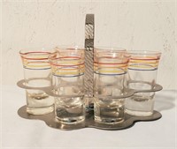 6 rainbow shot glasses & holder Mid Century Modern