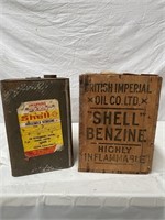 Shell Benzine timber box & Shell 4 gallon oil tin