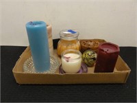assorted candles, coasters