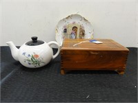 wood box, tea pot, decorative plate