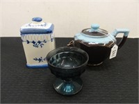broken teapot, glass, jar