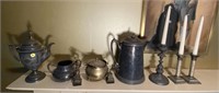 PEWTER PITCHERS, CANDLESTICKS, FIGURINES ETC