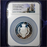Queen's 2017 UK Sapphire £10 PF70UC 5 oz silver