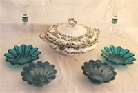 SOUP TUREEN AND TEAL GLASS COLLECTION