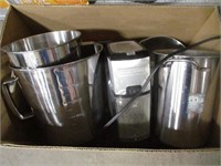 BOX OF STAINLESS PITCHERS & KITCHENWARE