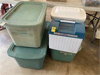 3 Plastic Totes & 2 Ice Chests