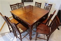 Wooden Table w/Built in Leaf & 8 Chairs