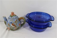 2-Blue Anchor Hocking 2qt. Casserole Dishes&Teapot