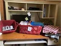 RED BASKETS WITH CONTENTS, BATTERIES CLOTHS LINENS