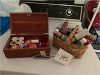 THREAD BOX WOODEN AND CRAFT PAINT W BASKET