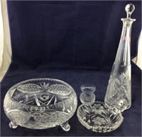 Crystal Footed Bowl, Tall Decanter, And Candy