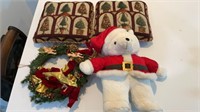 Musical wreath pillows and Christmas bear