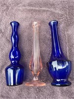 3 bud vases: 2 cobalt blue, 1 pink depression