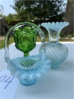 Fenton Swirl Vase plus basket, green glass