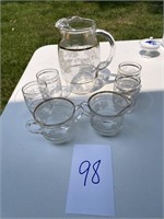 Gold Rimmed Pitcher, 6 glasses, 2 cups