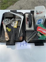 Assorted tools: hammer, utility knife, tape meas..