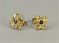 14k Gold Floral and Sapphire Pierced Earrings