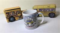 SCHOOL BUS TINS, TRINKET BOXES AND COFFEE MUG