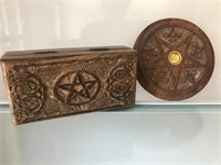 Wood Carved Wiccan Box & Candle Holder