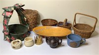 BASKETS, WOODEN CENTERPIECE TRAY, STONEWARE, AND