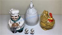 THREE COOKIE JARS - CHICKENS, BAKER WITH