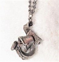 Liberty Bell silver tone pendant, 24" chain &