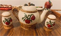 Apple Ceramic Tea Pot and Salt and Pepper Shakers