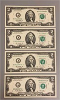 (4) 2013 Uncirculated Consecutive 2 Dollar Bills