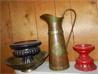Brass Pitcher, Bowl, Candle Holder, etc