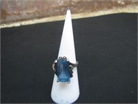 Antique Sterling Silver Ring Large Blue Cut Stone