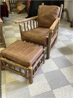 Old Hickory Arm Chair & Ottoman w/ Leather Cushion