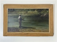 Betty Fisher Oil on Board of Fly Fisherman