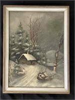 Log Cabin Winter Scene Oil on Canvas Painting