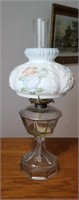 Oil lamp, white shade painted flowers