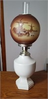 Oil lamp, porcelain base, painted globe