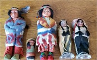Indian Dolls, 5 total, 2 with Knickerbocker stands