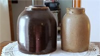 Crock jars, one lid wood one metal