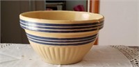 Yelloware mixing bowl,  blue lines