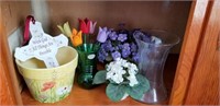 Vases, silk & wood flowers, painted flower pot