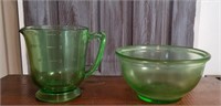 Green depression glass measuring cup & bowl