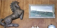 Plastic horse and horse framed photo, wall hanging