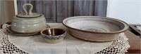 Stoneware, Pottery pie plate, bowl, covered butter