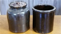 Crock and crock jar with lid, dark brown