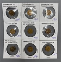 Nine Indian Head Cent Coins