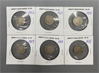 Six Liberty Head Nickel Coins