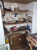 CONTENTS OF SHELF AND WOOD SHELF ON BOTTOM